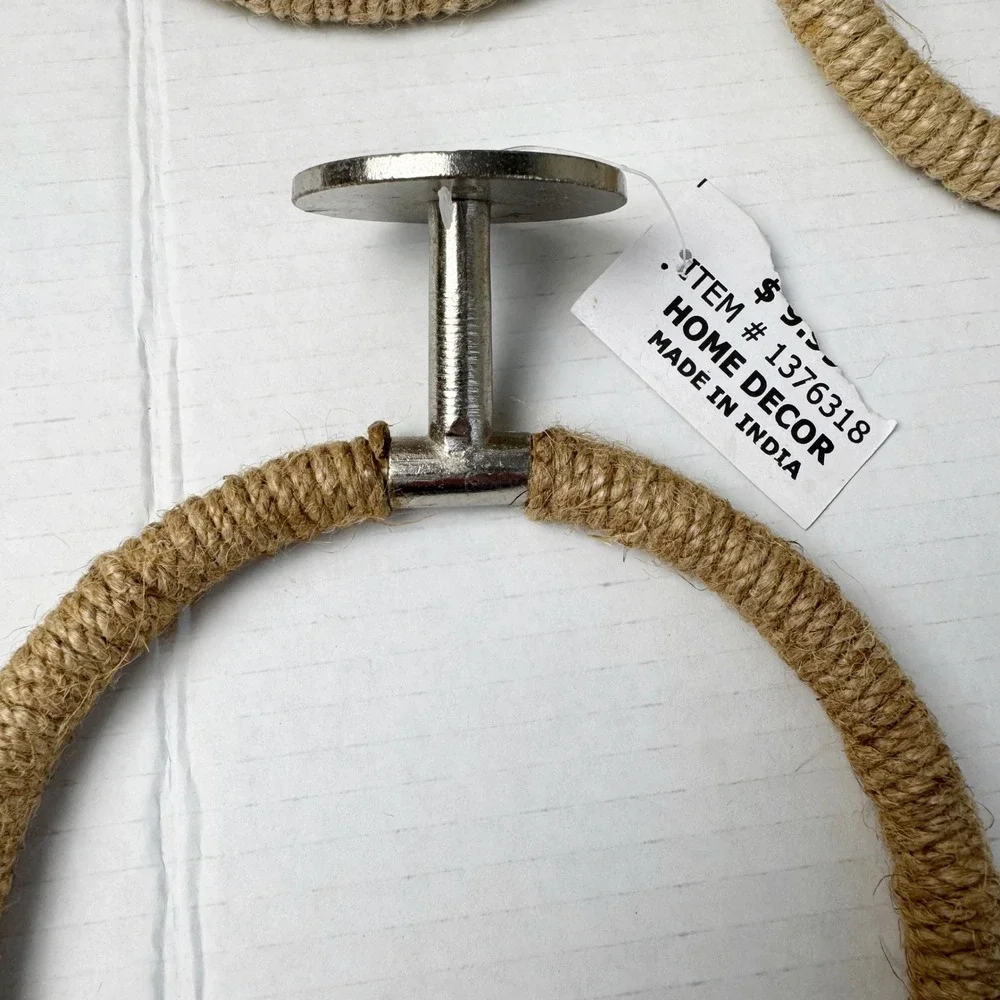 New Hobby Lobby Jute Rope Towel Rings Set of 3 Nautical Coastal Silver Mounting